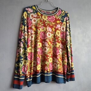 JOHNNY WAS PINK FLORAL, STRIPE TEAL CREW, REGLAN LONGSLEEVE SHIRT, SIZE SMALL